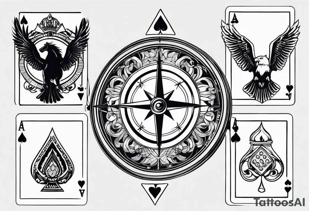compass, playing cards, dice, horse, eagle sleeve tattoo idea compass, playing cards, dice, horse, eagle sleeve tattoo idea