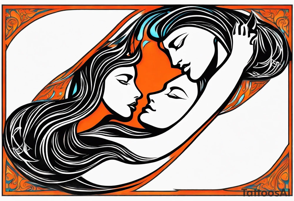 Twin flame symbol. Tattoo should be the size of a half dollar. Symbol should be minimalistic and have clean lines. Give it fire. Straight clean line border around the fire. Fire color is blue intertwined with orange and red. tattoo idea