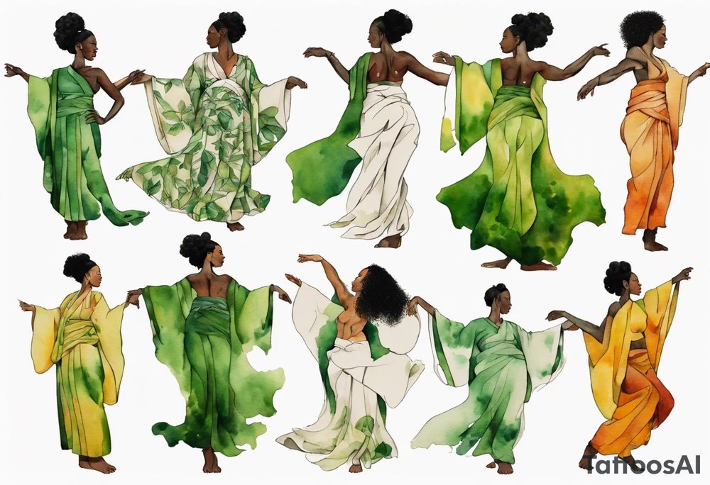a tree trunk with roots that is a black woman from the waist up, feet made of tree roots, wearing a green tunic, arms stretched upwards towards the blazing sun tattoo idea