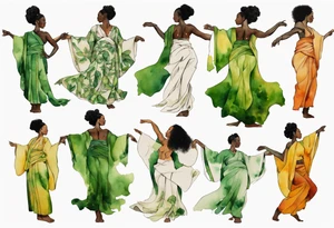 a tree trunk with roots that is a black woman from the waist up, feet made of tree roots, wearing a green tunic, arms stretched upwards towards the blazing sun tattoo idea