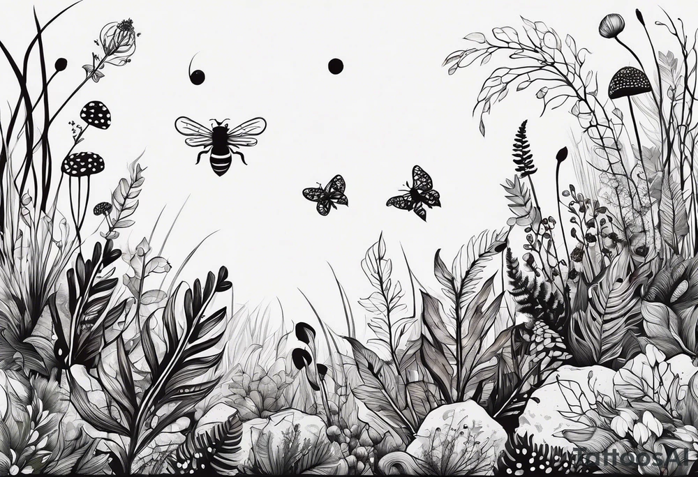forest floor inspired minimalist tattoo, which includes grass, curly ferns, moss and dead leaves as the bulk of the tattoo. details to include: forest berries, a tiny bumblebee flying nearby, three small brown mushrooms
Generate a vertically long one tattoo idea