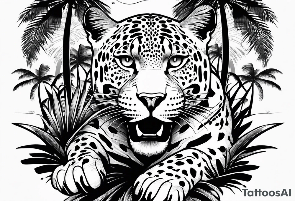 jaguar laying on palm tree tattoo idea