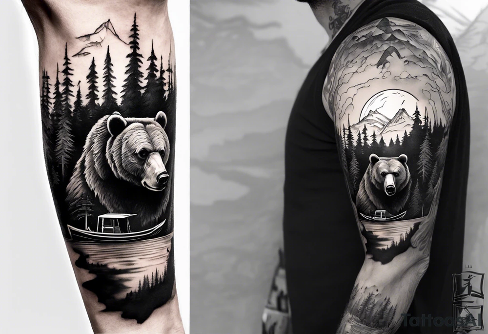 bear head right above the forest line with a lake below with a small fisher boat floating on it, full sleeve tattoo tattoo idea