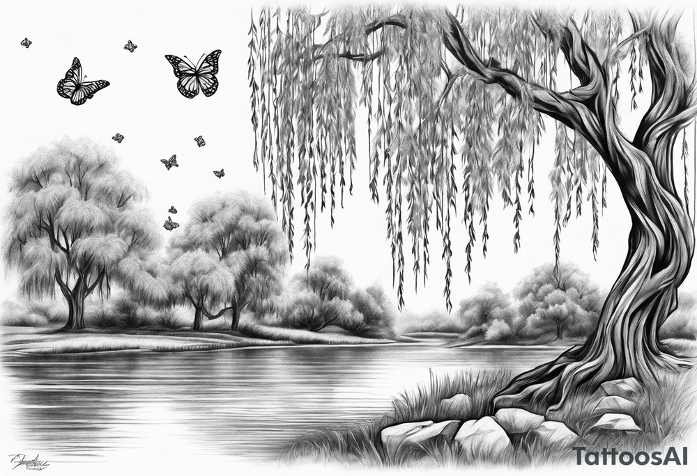 Weeping willow tree with butterflies tattoo idea