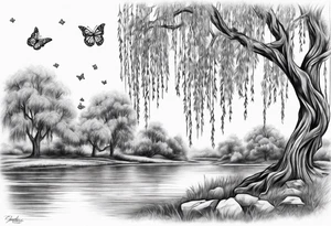 Weeping willow tree with butterflies tattoo idea