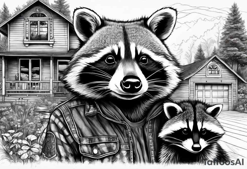 Very detailed Raccoon Husband with wife and child.
Background modern House between woods tattoo idea