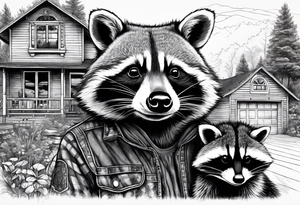 Very detailed Raccoon Husband with wife and child.
Background modern House between woods tattoo idea