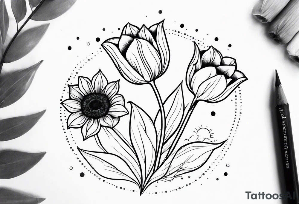 two tulips with a sunflower in the middle with some leaves and surrounded by some small dots tattoo idea