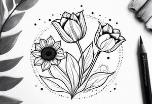 two tulips with a sunflower in the middle with some leaves and surrounded by some small dots tattoo idea