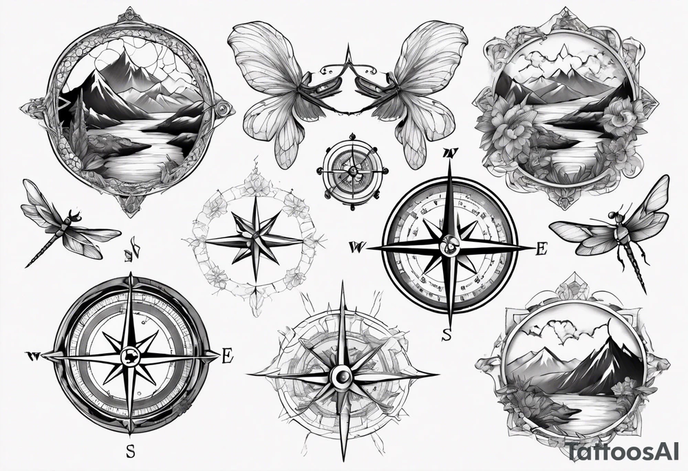 Compass, waves, mountains,
with flowers and dragon fly tattoo idea