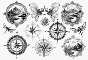 Compass, waves, mountains,
with flowers and dragon fly tattoo idea