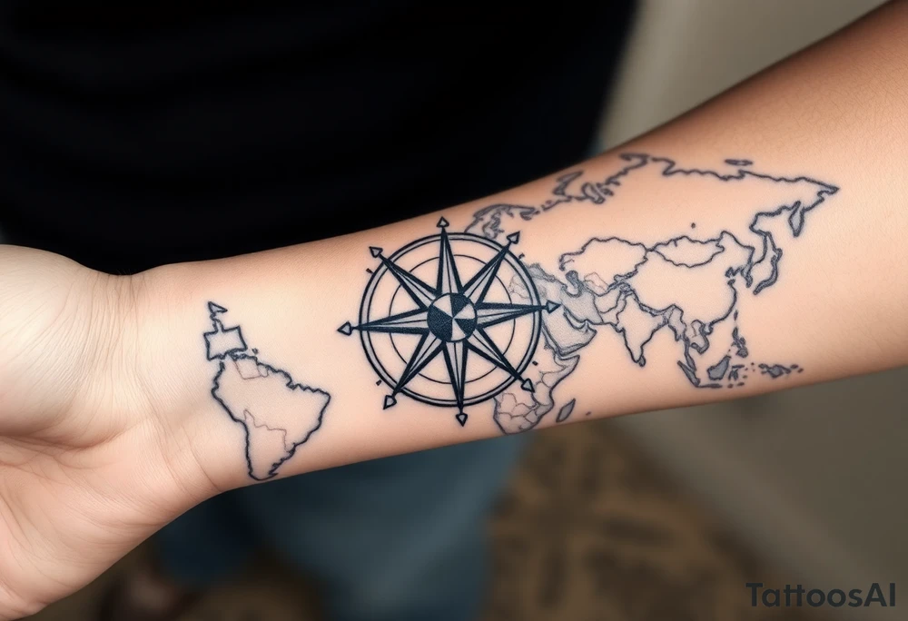 antique compass rose overlaid on weathered world map with sailing ships tattoo idea