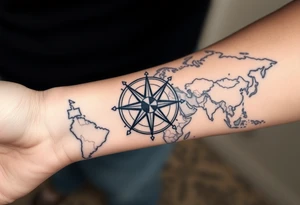 antique compass rose overlaid on weathered world map with sailing ships tattoo idea