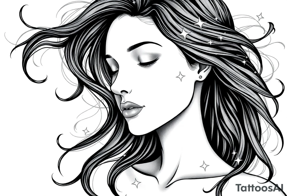 ethereal faceless womans frame with flowing hair and beautiful celestial stars tattoo idea