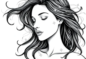 ethereal faceless womans frame with flowing hair and beautiful celestial stars tattoo idea