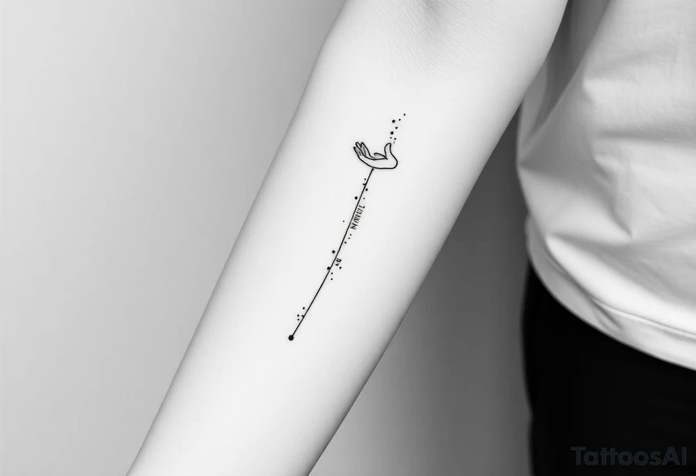 Minimalist black-ink forearm tattoo honoring a father and the continuation of his legacy. Central design: a single, rising abstract line or path starting faint and fragmented at the bottom (symbolizing the father’s unfinished work) and growing solid and strong as it rises (representing the son carrying the legacy forward). Along the path, include fine particle-like lines or dots flowing upward, symbolizing the father’s presence and guidance cheering the son on. Subtly integrate an abstract outline of the father’s figure or hand at the top, ethereal and minimal, watching proudly over the path. Include the Roman numerals or small elegant text: “VI·IV·MMXXIII” to mark April 6, 2023, and optionally the phrase “Building what he couldn’t” integrated along the line. Style: clean, minimalistic, fine-line black ink only, simple but meaningful, vertical forearm layout, emphasizing legacy, guidance, and emotional depth. tattoo idea