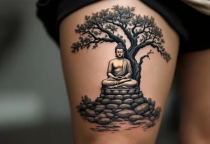 Buddha Sitting in Meditation – The iconic seated posture under the Bodhi tree, in soft sepia, black and gray, or gold ink. tattoo idea