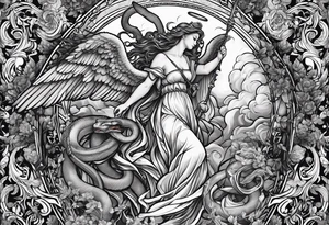 Full back piece depicting the biblically accurate angels above killing a snake tattoo idea