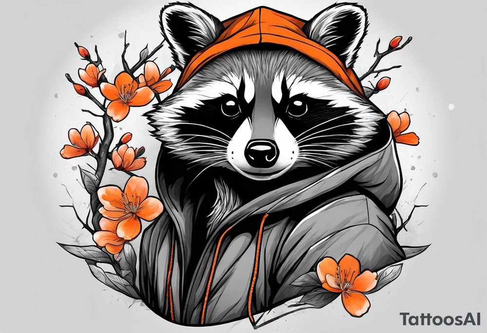 raccoon wearing a black and white Superman hoodie and orange Japanese cherry blossoms tattoo idea