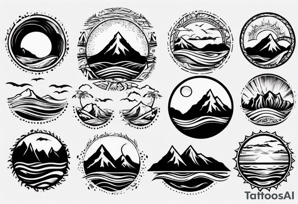 mountains, beach, waves, sunset tattoo idea