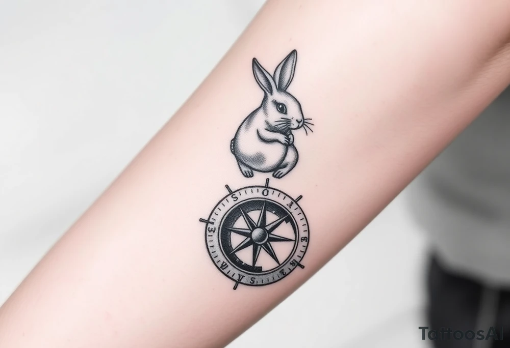 Small Rabbit jumping on top the compass that looks like a rabbit hole. tattoo idea
