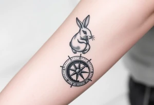 Small Rabbit jumping on top the compass that looks like a rabbit hole. tattoo idea