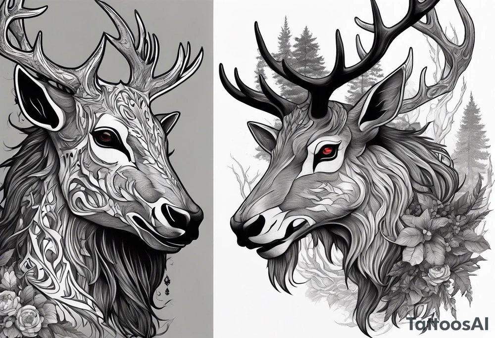 A side profile of a wendigo with a deer skull head, forest fire tattoo idea