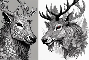 A side profile of a wendigo with a deer skull head, forest fire tattoo idea