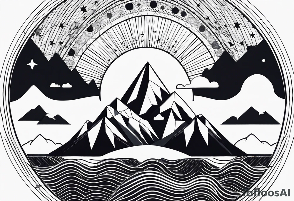 Mountain Massif, one Peak, only peak surrounded woth semi circle dashed Line, in semi circle two littel fine Stars, waves overlapping in Side, Open geometrical Forms Like Diamond with Open lines tattoo idea
