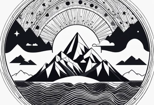 Mountain Massif, one Peak, only peak surrounded woth semi circle dashed Line, in semi circle two littel fine Stars, waves overlapping in Side, Open geometrical Forms Like Diamond with Open lines tattoo idea