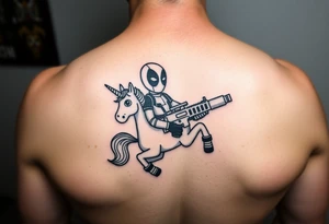 Deadpool riding unicorn holding RPG tattoo idea