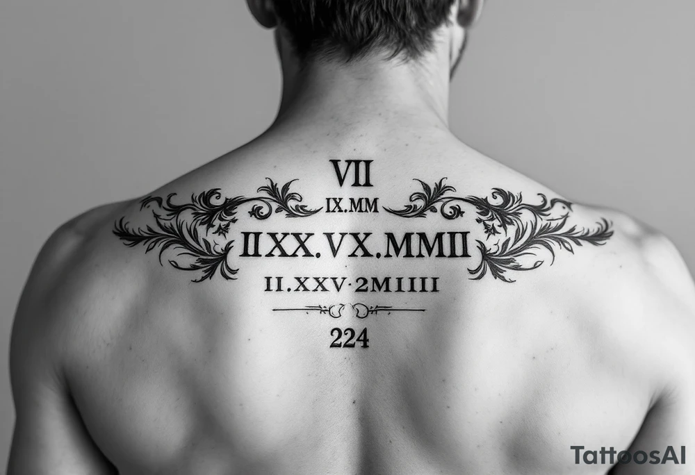 Roman numeral dates (IX.IX.MM and II.XXV.MMIII) in a balanced and symmetrical layout, along with the number 224 tattoo idea