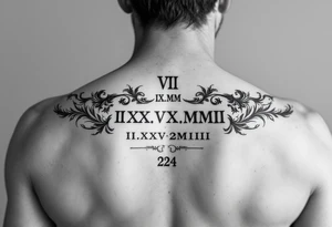 Roman numeral dates (IX.IX.MM and II.XXV.MMIII) in a balanced and symmetrical layout, along with the number 224 tattoo idea