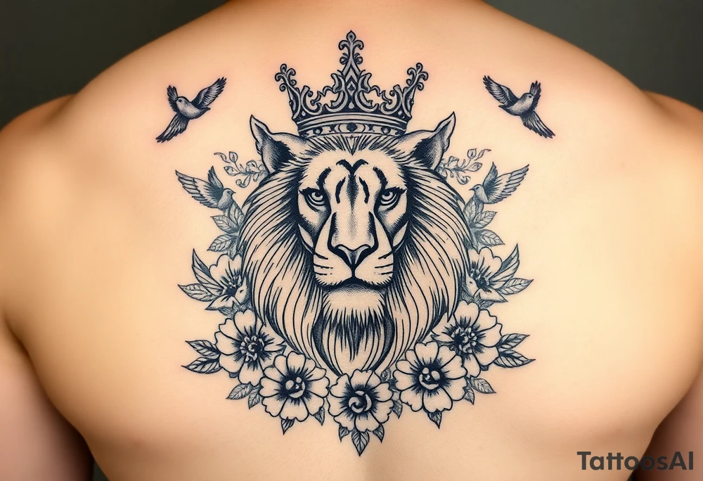 powerful majestic lion with a crown, surrounded by floral ornaments and birds tattoo idea