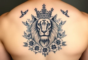 powerful majestic lion with a crown, surrounded by floral ornaments and birds tattoo idea