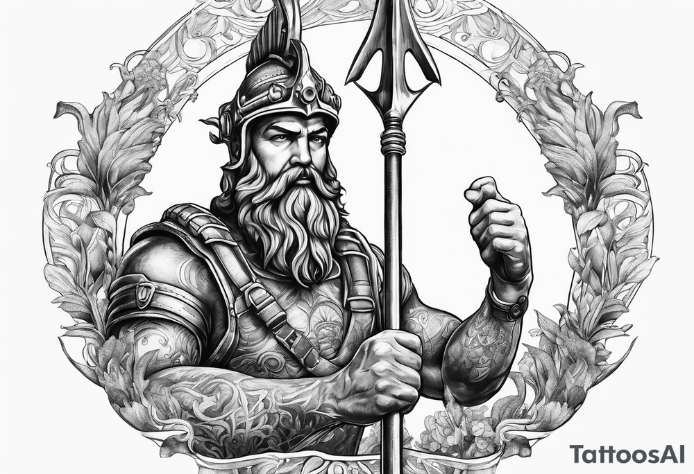 Scuba diver holding a trident of Poseidon tattoo idea