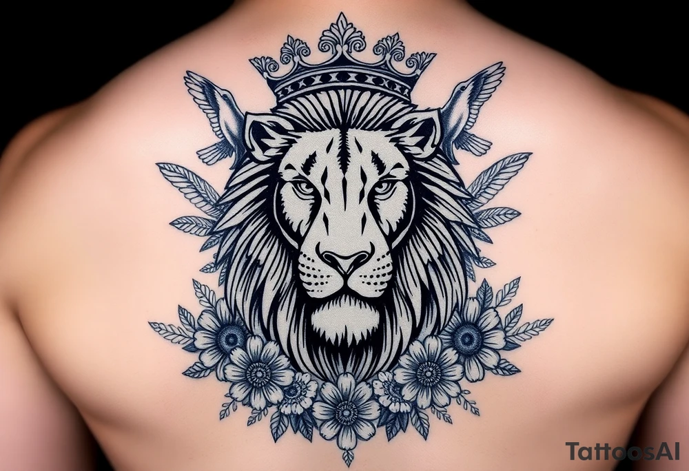 powerful majestic lion with a crown, surrounded by floral ornaments and birds tattoo idea