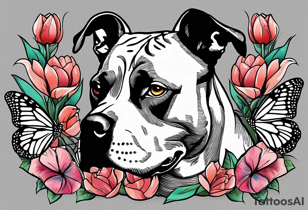 american staffordshire with tulips with a butterfly, with pills, drugs, euro bank notes and currency, vbank cheques, police, walkietalkies tattoo idea