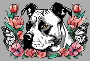 american staffordshire with tulips with a butterfly, with pills, drugs, euro bank notes and currency, vbank cheques, police, walkietalkies tattoo idea