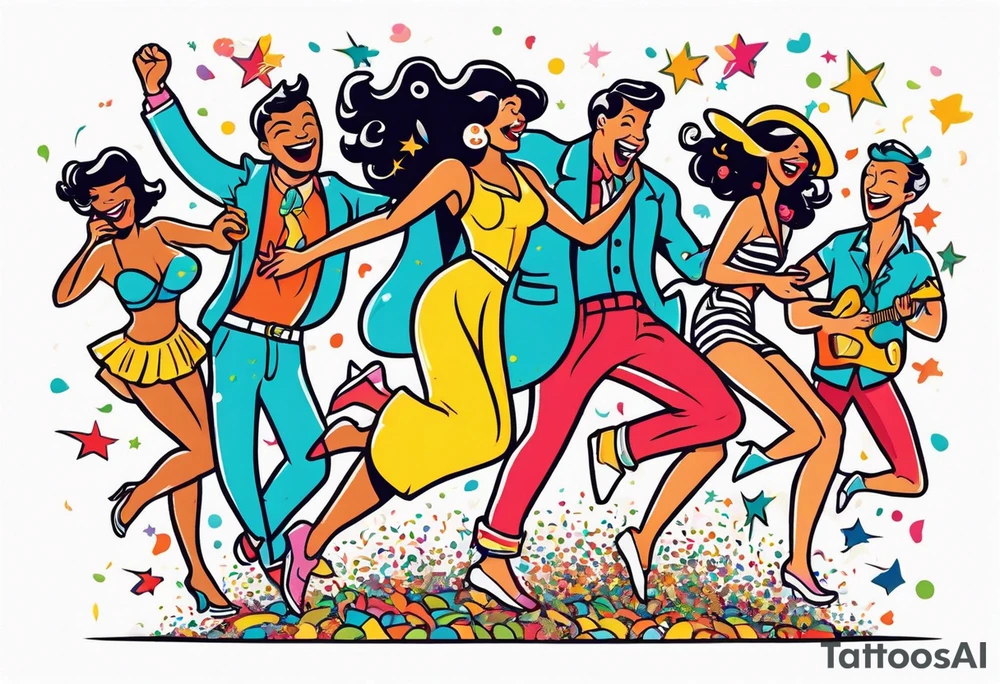 vintage beach dance party with music and confetti tattoo idea