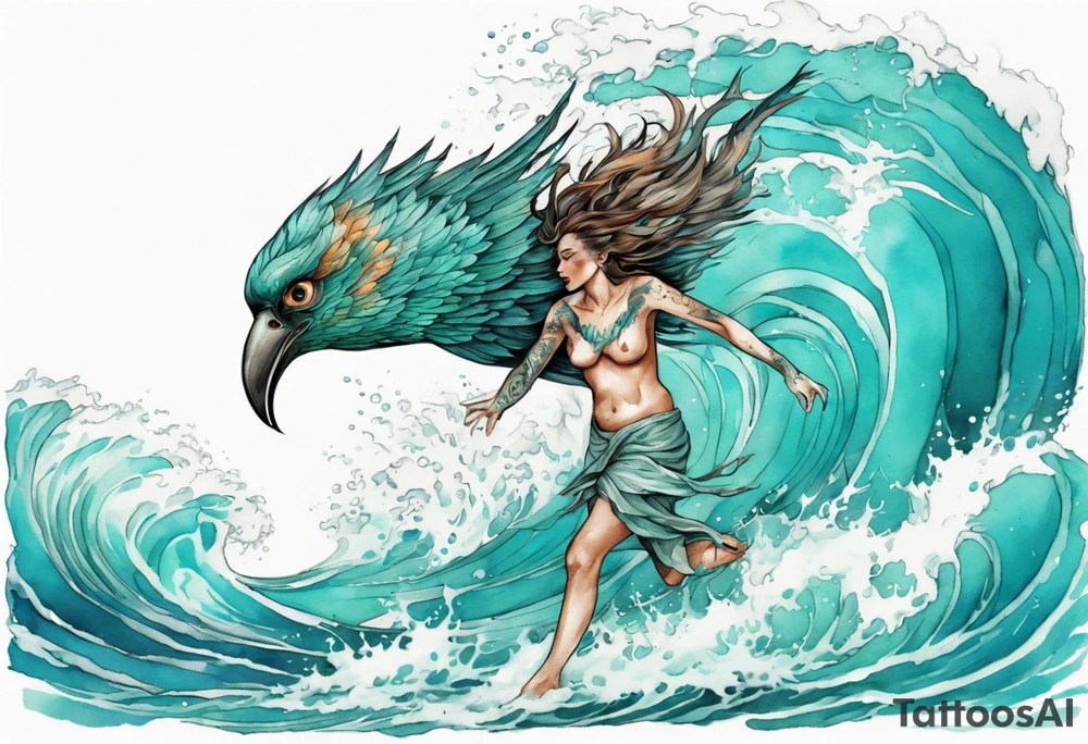 a beautiful turquoise harpie emerging from an ocean wave, crashing onto the shore tattoo idea