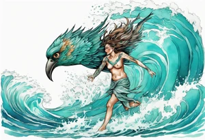 a beautiful turquoise harpie emerging from an ocean wave, crashing onto the shore tattoo idea