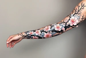 Japanese-Inspired Sakura Sleeve – A full arm sleeve with vibrant pink blossoms, bold black branches, and traditional elements like waves, smoke, and clouds, all done in a classical Irezumi style. tattoo idea