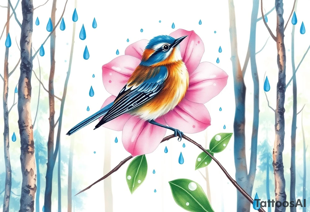 forest trees background
blue rain drops
pink camelia flower
blue and brown wren bird tattoo idea