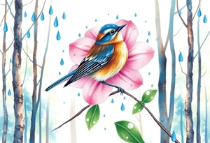 forest trees background
blue rain drops
pink camelia flower
blue and brown wren bird tattoo idea