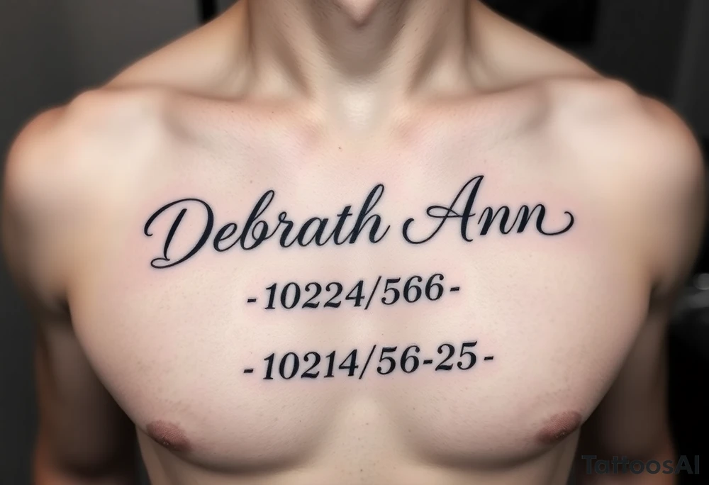 Deborah Ann in cursive in chest with 10/23/56-25 on the bottom tattoo idea