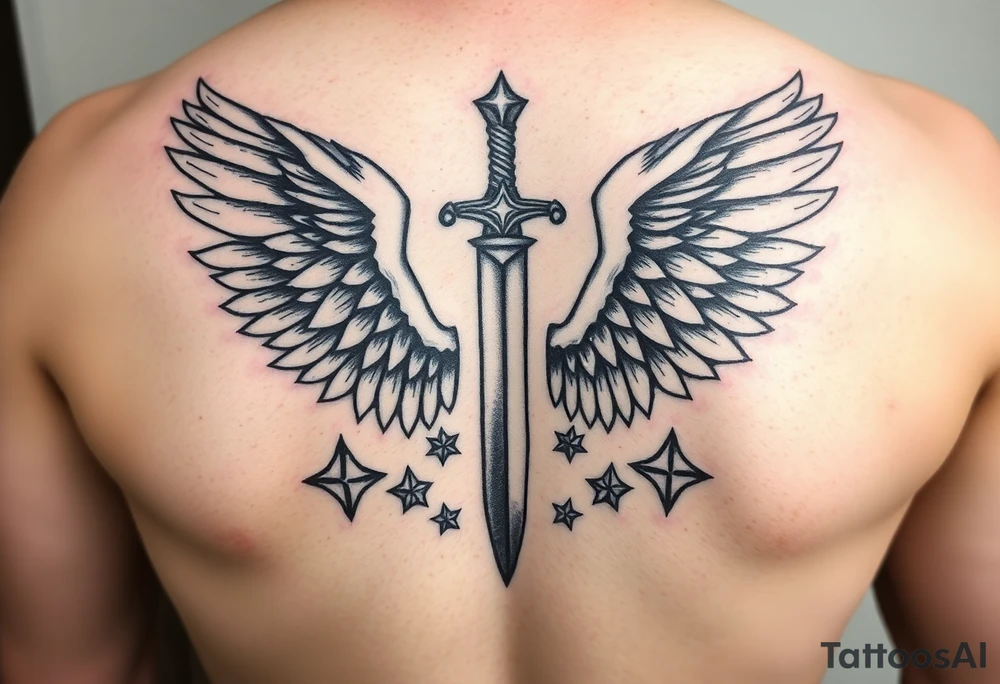 Wings wrapping up and around surrounding a sword and diamond shaped stars tattoo idea