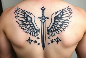 Wings wrapping up and around surrounding a sword and diamond shaped stars tattoo idea