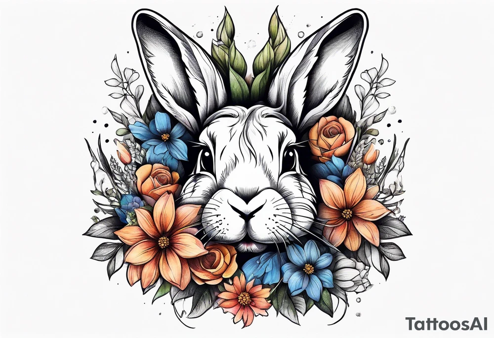bunny head with flowers around it tattoo idea