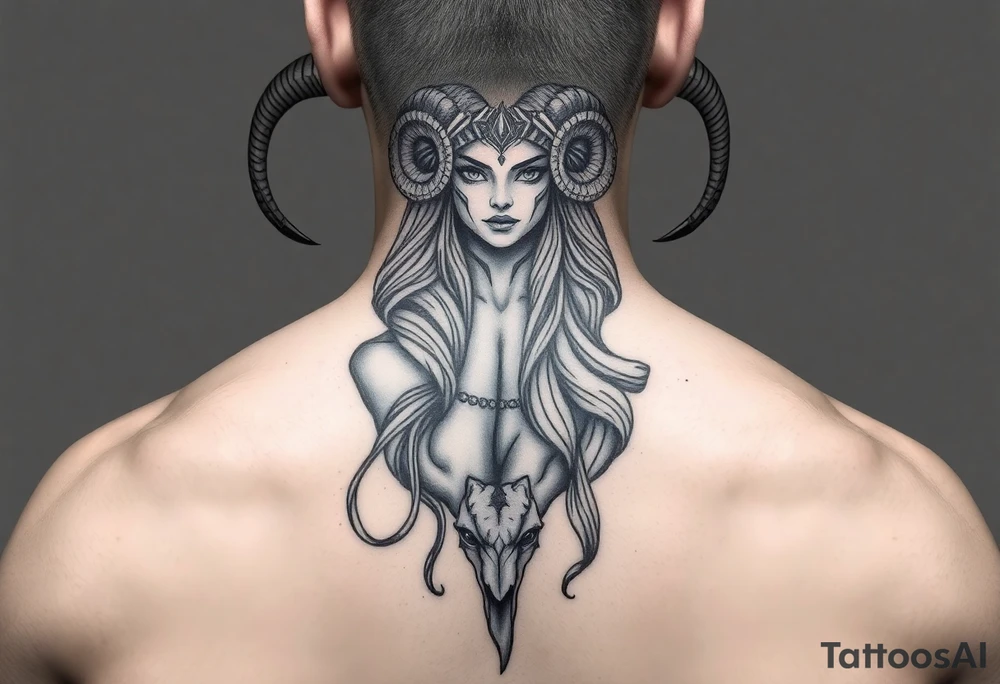 Powerful beautiful goddess being, with long ram like horns,seductive like tattoo idea